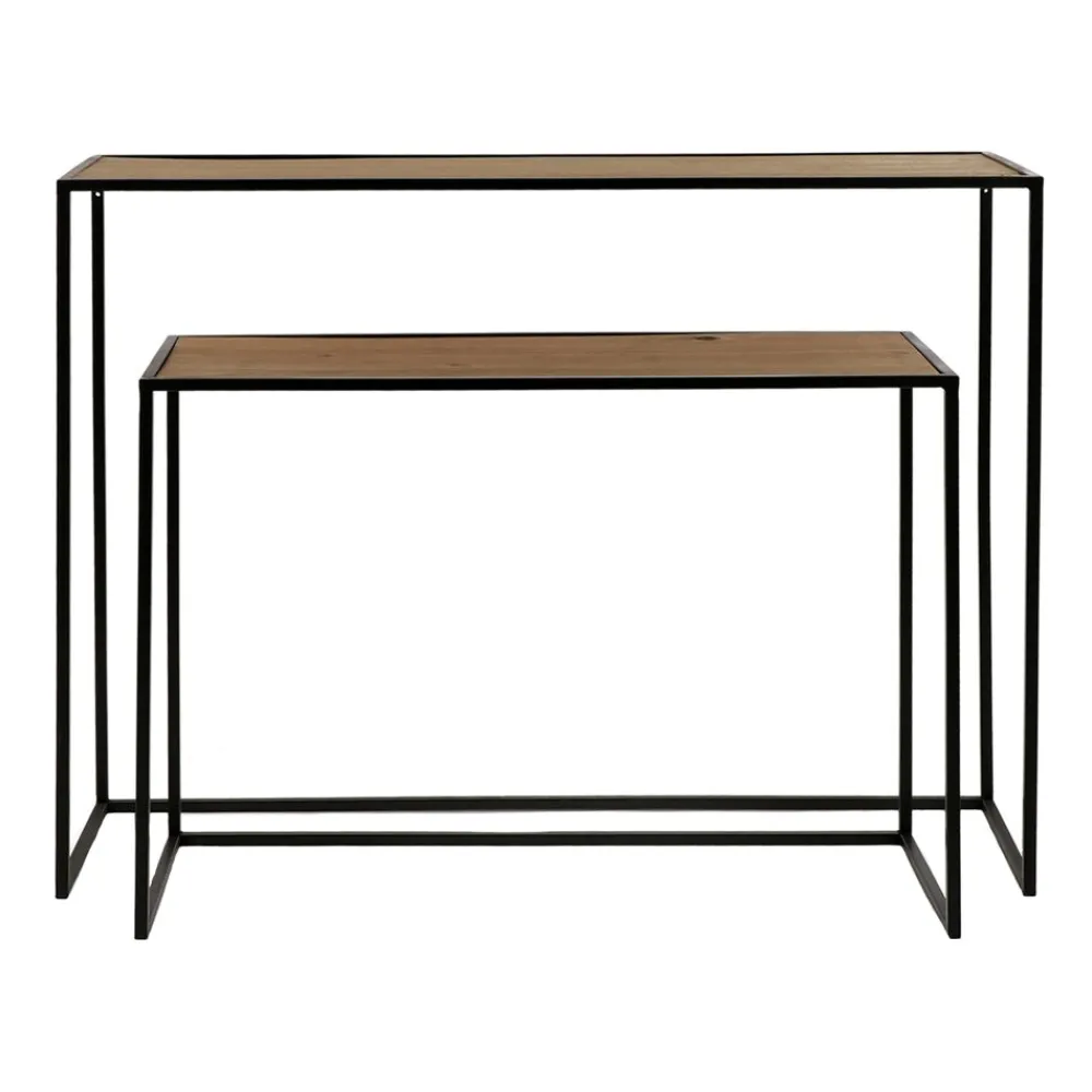 Pomax Consoles-ESZENTIAL - set/2 consoles - bois - métal - L 80/100 x W 30/30 x H 60/80 cm - naturel/noir
