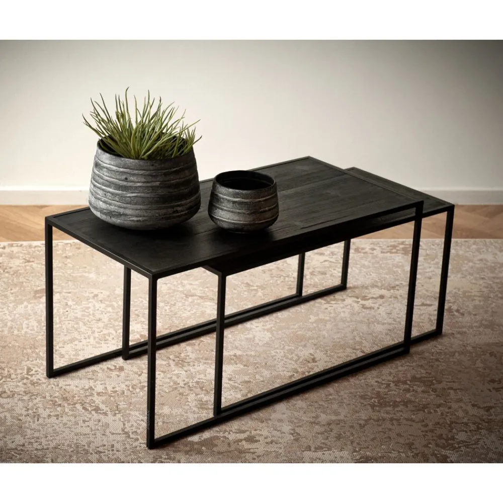 Pomax Tables Basses | Tables-ESZENTIAL - set/2 tables basses - métal / bois de sapin - L 80/75 x W 40/35 x H 40/35 cm - noir