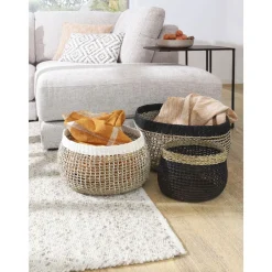 Pomax Bols & Paniers-INEZ - set/4 paniers - papier / jonc de mer - DIA 17/23/32/42 x H 14/19/24/27 cm - noir/blanc
