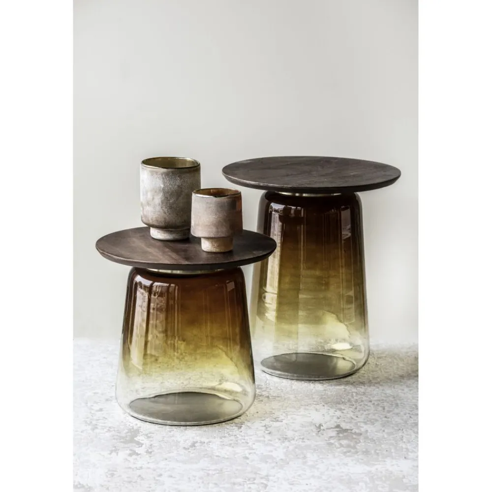 Pomax Tables Basses | Tables-MONROE - table d'appoint - verre / bois de manguier - DIA 46 x H 42 cm - ambre
