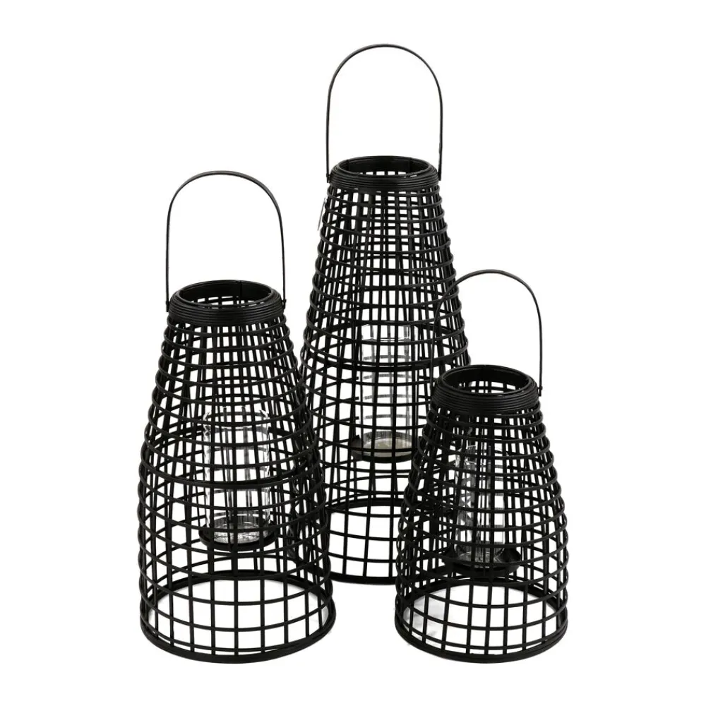 Pomax Lanternes-SKAGEN - set/3 lanternes - bambou / métal - DIA 27/30/33 x H 40/53/67 cm - noir